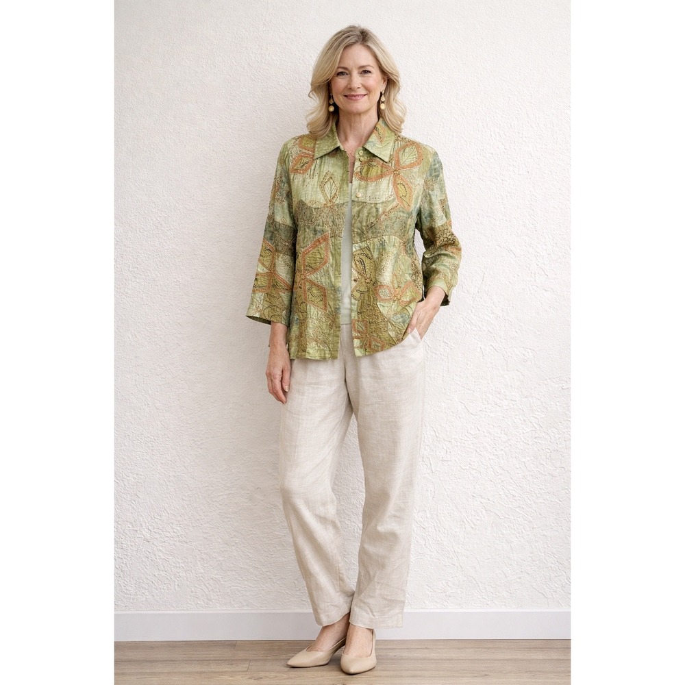 Vintage Chicos 100% Silk Jacket Size M Artsy Teacher Santa Fe Resort Mature Boho